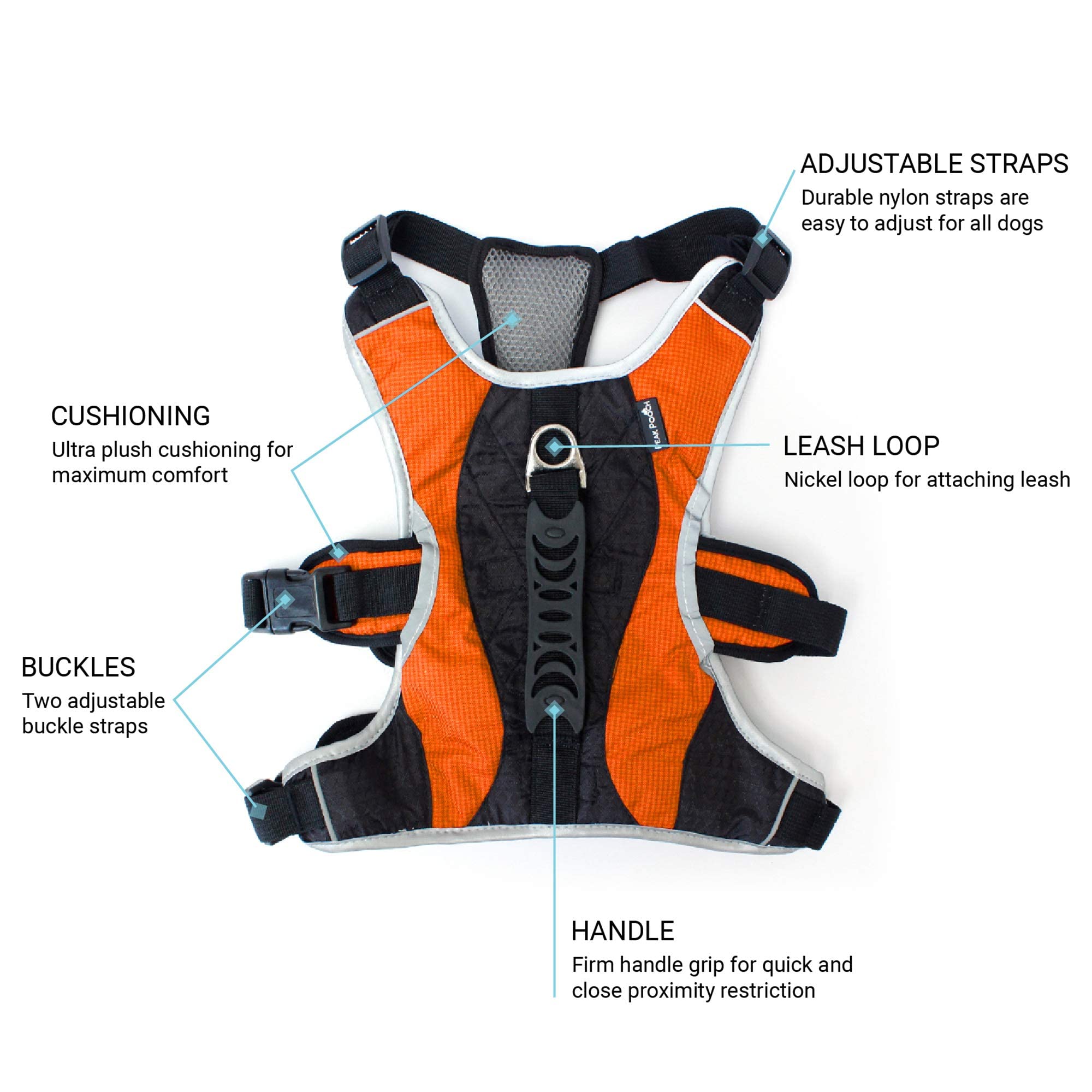 Peak Pooch - No-Pull Dog Harness - Padded, Mesh Fabric Dog Vest With Reflective Trim, Lifting Handles And Buckle Straps - Orange